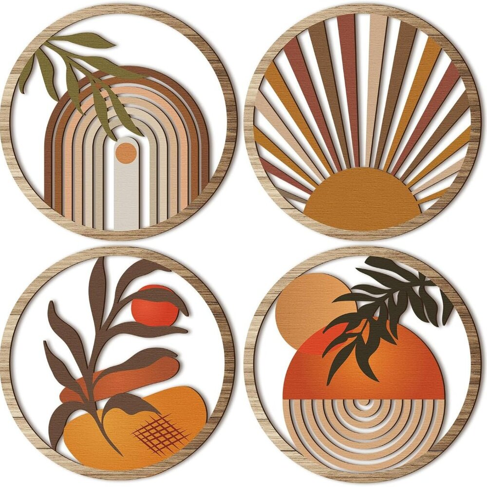 4 Boho Wall Art Bohemian Wooden Round Circle Wall Decor Hollow out Hanging - New